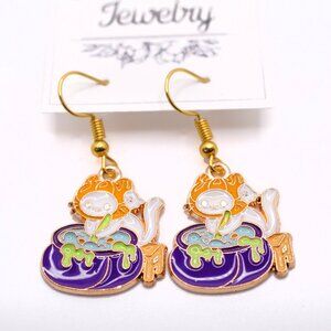 Handmade Enamel Halloween Witchy Cat with Bubbling Cauldron Earrings, New